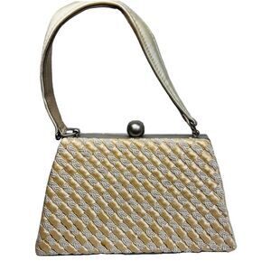 Inge‎ Christopher Yellow Gold Cream Basketweave Hard Shell Purse Evening Bag
